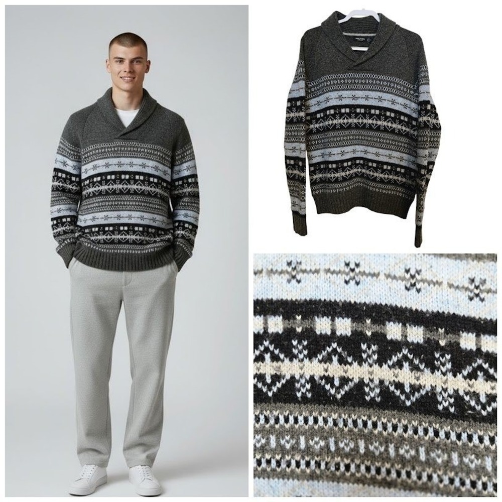 Nautica Men's Fair‎ Isle Shawl Collar Sweater Grey Blue Black Size M